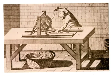 Randmarkierung von Münzen mit einer Parallelbalken-Randmarkierungsmaschine, aus der Encyclopédie von Denis Diderot und Jean le Rond d